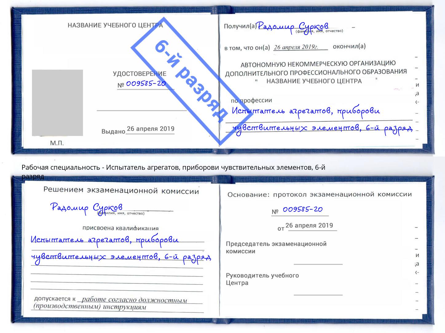 корочка 6-й разряд Испытатель агрегатов, приборови чувствительных элементов Каменск-Уральский